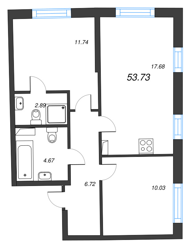 3-комнатная (Евро) квартира, 53.73 м² в ЖК "Бульвар Грина" - планировка, фото №1