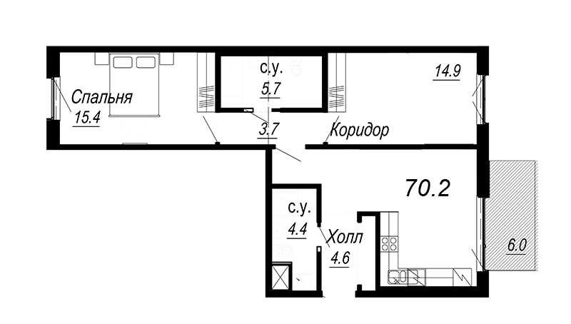 3-комнатная (Евро) квартира, 70.2 м² - планировка, фото №1