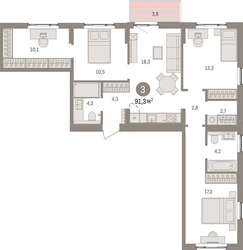 4-комнатная (Евро) квартира, 91.3 м² в ЖК "Брусника в Новоселье" - планировка, фото №1