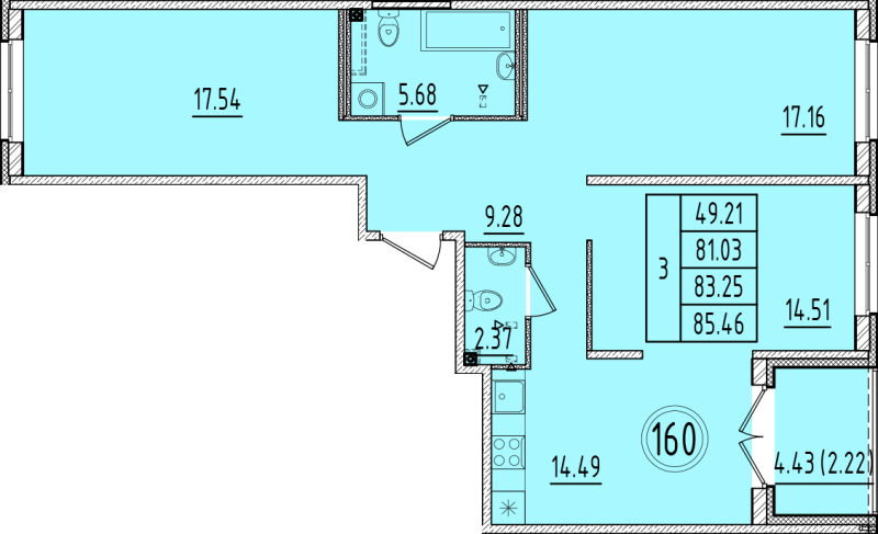 3-комнатная квартира, 81.03 м² в ЖК "Образцовый квартал 6.4" - планировка, фото №1