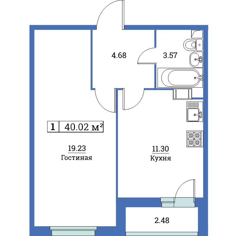 1-комнатная квартира, 40.02 м² в ЖК "Цвета радуги" - планировка, фото №1