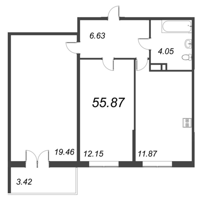 2-комнатная квартира, 55.87 м² в ЖК "Рождественский квартал" - планировка, фото №1