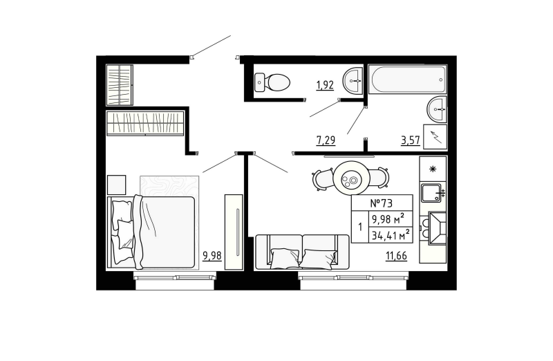 1-комнатная квартира, 34.41 м² - планировка, фото №1