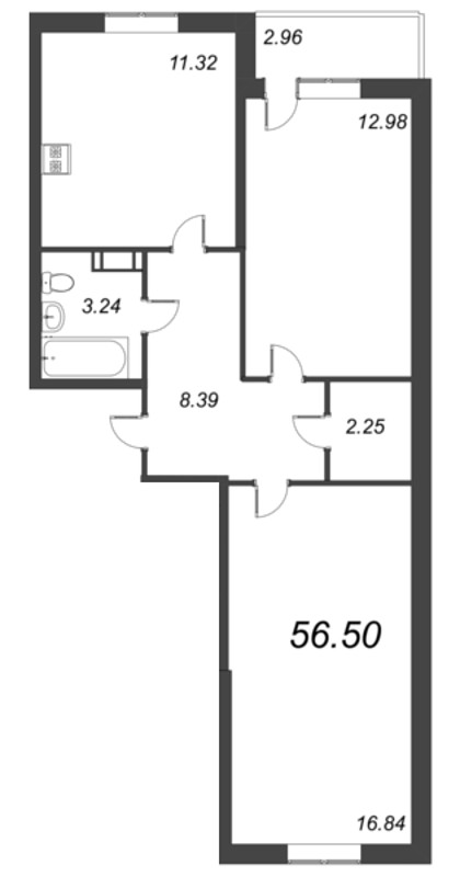 2-комнатная квартира, 56.5 м² в ЖК "Капральский" - планировка, фото №1
