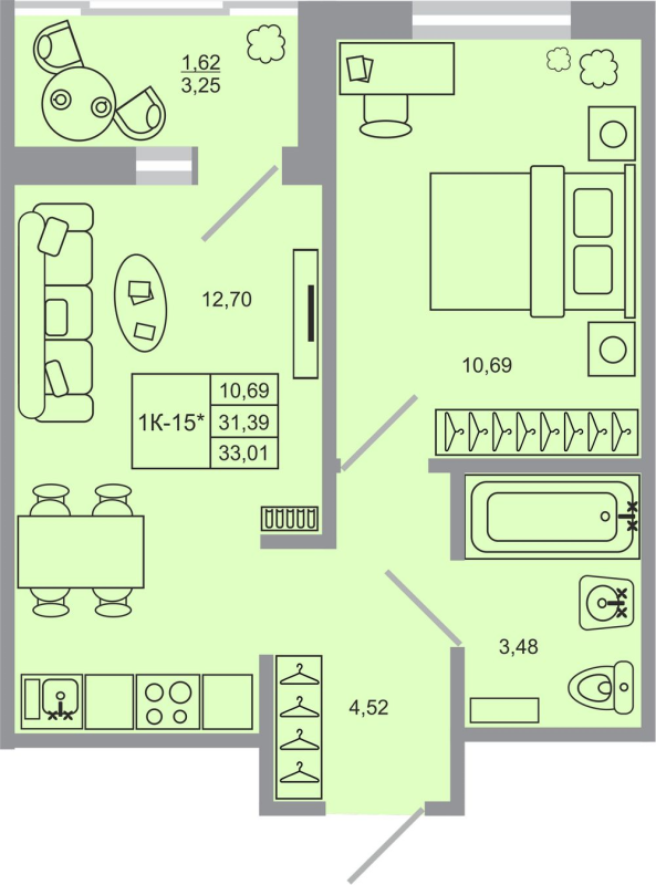 1-комнатная квартира, 33.01 м² - планировка, фото №1
