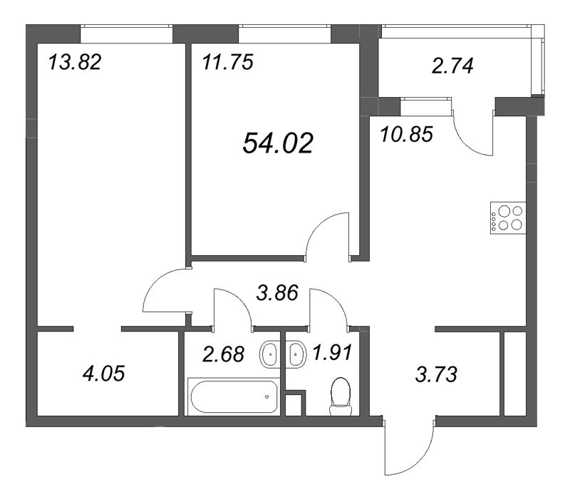 2-комнатная квартира, 54.02 м² в ЖК "Тишин" - планировка, фото №1