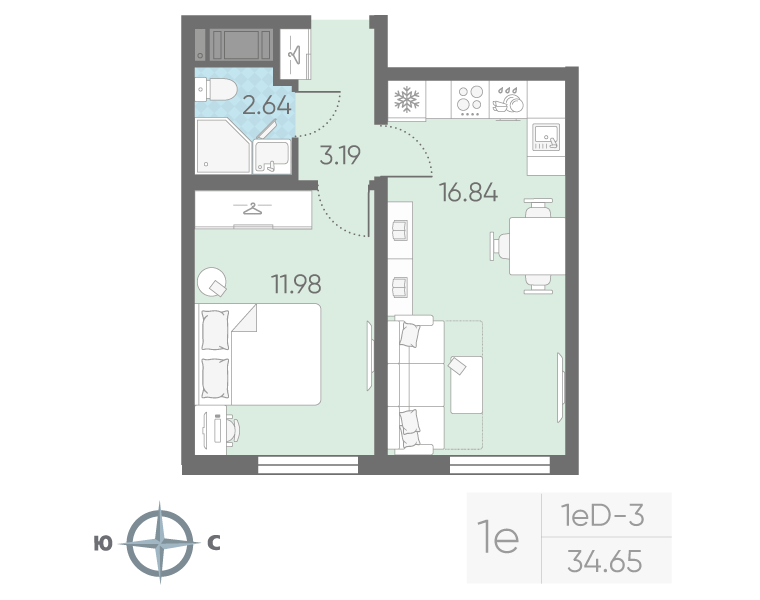 2-комнатная (Евро) квартира, 34.65 м² в ЖК "Морская миля" - планировка, фото №1