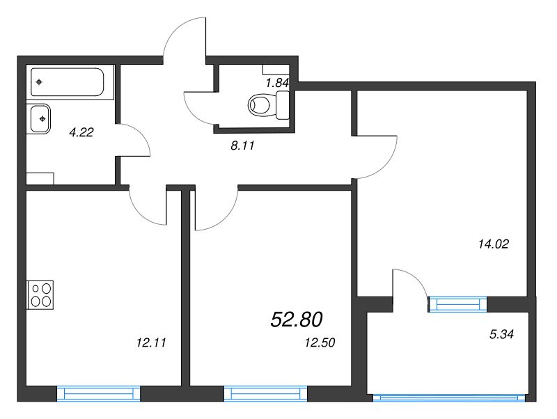 2-комнатная квартира, 52.8 м² - планировка, фото №1