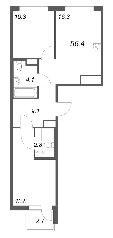 3-комнатная (Евро) квартира, 56.4 м² в ЖК "Гений" - планировка, фото №1