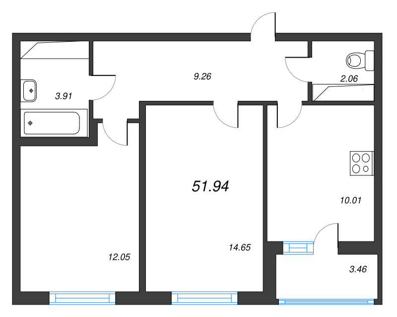 2-комнатная квартира, 51.94 м² в ЖК "Ясно.Янино" - планировка, фото №1