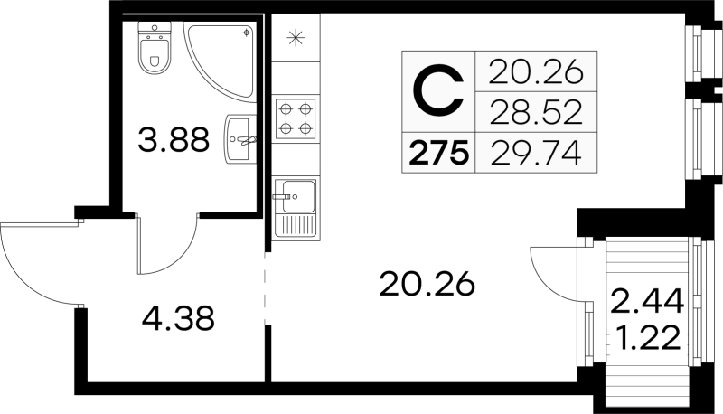 Квартира-студия, 29.74 м² в ЖК "GloraX Парголово" - планировка, фото №1