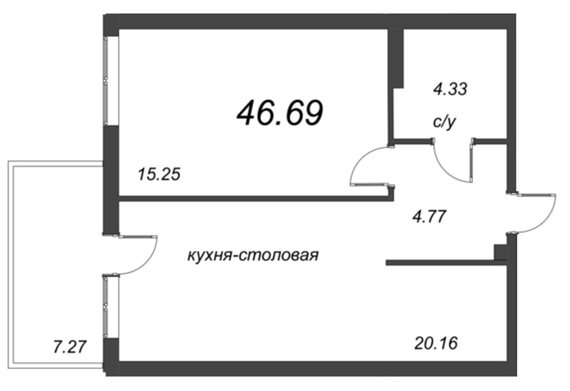 2-комнатная (Евро) квартира, 46.69 м² в ЖК "Grona Lund" - планировка, фото №1