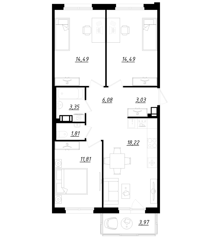 4-комнатная (Евро) квартира, 74.5 м² - планировка, фото №1