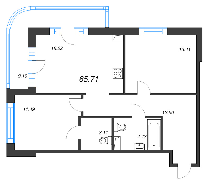 3-комнатная (Евро) квартира, 65.71 м² в ЖК "Энфилд" - планировка, фото №1