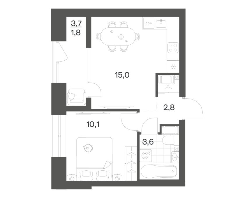 2-комнатная (Евро) квартира, 33.35 м² в ЖК "Новый Питер" - планировка, фото №1
