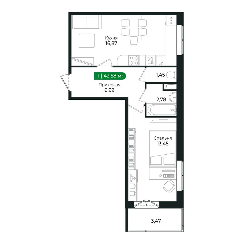 2-комнатная (Евро) квартира, 41.2 м² в ЖК "Сертолово Парк" - планировка, фото №1