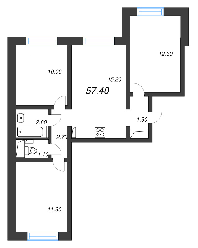 4-комнатная (Евро) квартира, 57.4 м² - планировка, фото №1