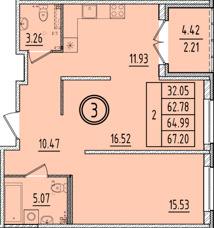 2-комнатная квартира, 62.78 м² в ЖК "Образцовый квартал 6.4" - планировка, фото №1