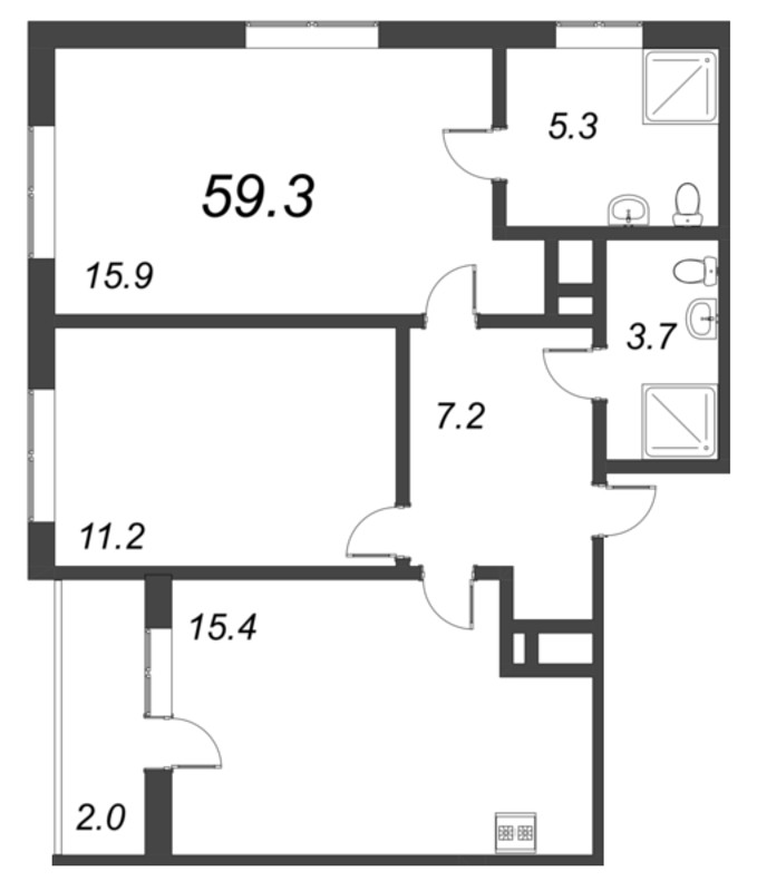 3-комнатная (Евро) квартира, 59.2 м² - планировка, фото №1