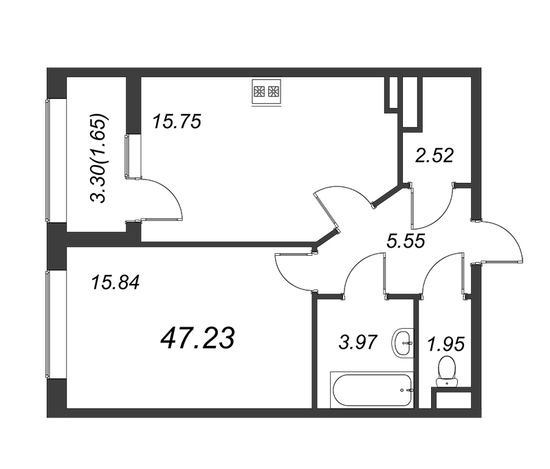 1-комнатная квартира, 47.3 м² - планировка, фото №1