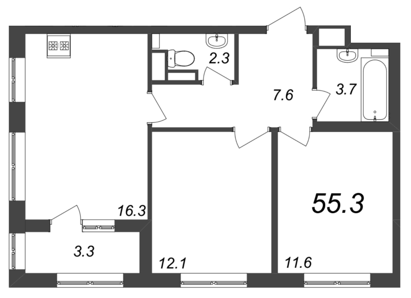 2-комнатная квартира, 55.4 м² - планировка, фото №1