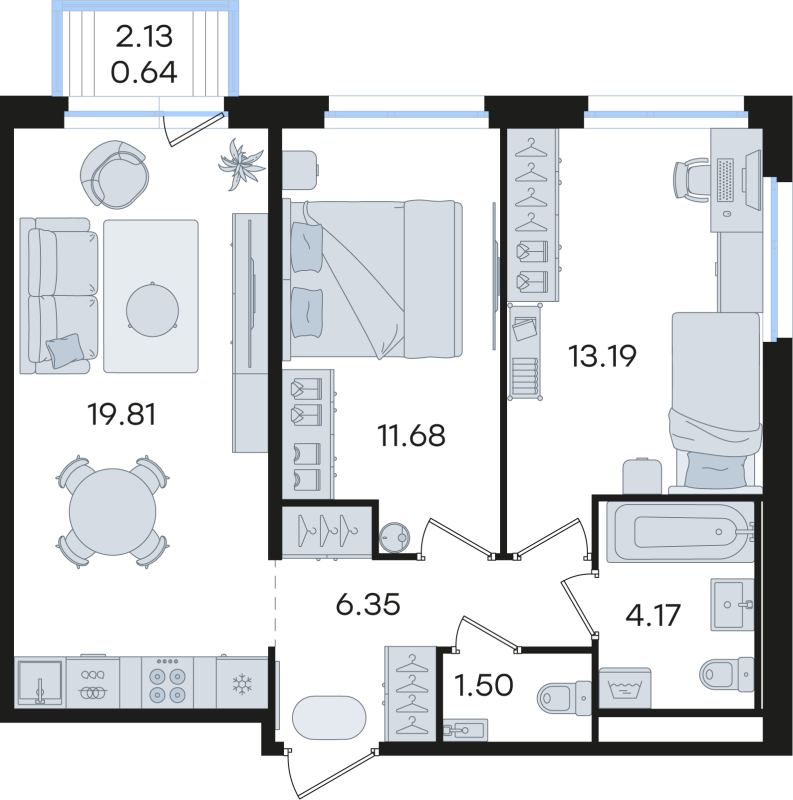 3-комнатная (Евро) квартира, 57.34 м² в ЖК "Романовка" - планировка, фото №1