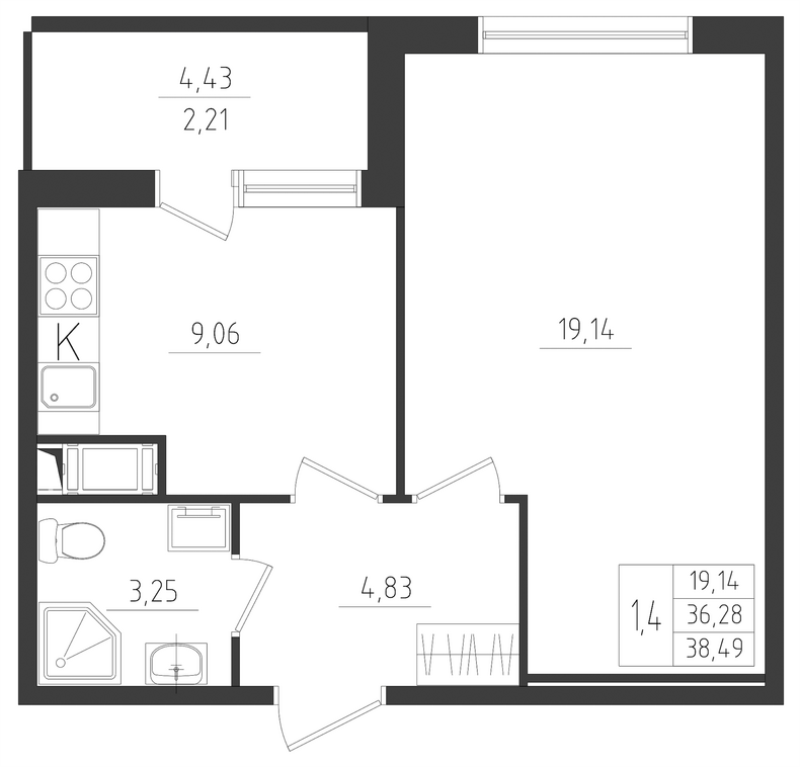 1-комнатная квартира, 38.49 м² в ЖК "Новикола" - планировка, фото №1