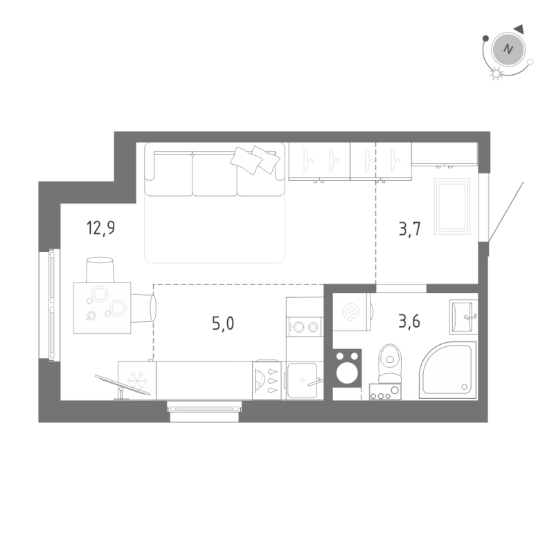 Квартира-студия, 25.2 м² - планировка, фото №1