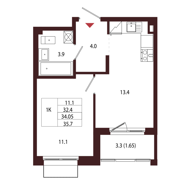 1-комнатная квартира, 34.05 м² в ЖК "Лисино" - планировка, фото №1