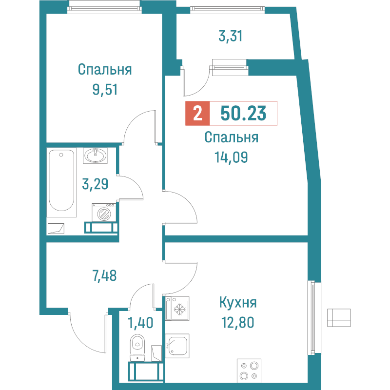 2-комнатная квартира, 50.23 м² в ЖК "Графика" - планировка, фото №1