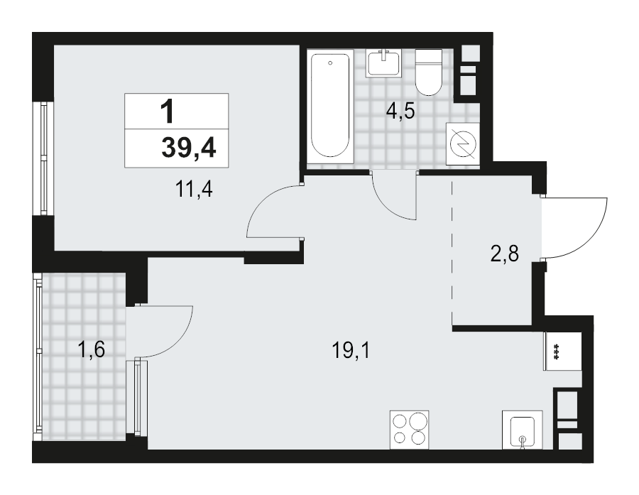 2-комнатная (Евро) квартира, 39.4 м² - планировка, фото №1