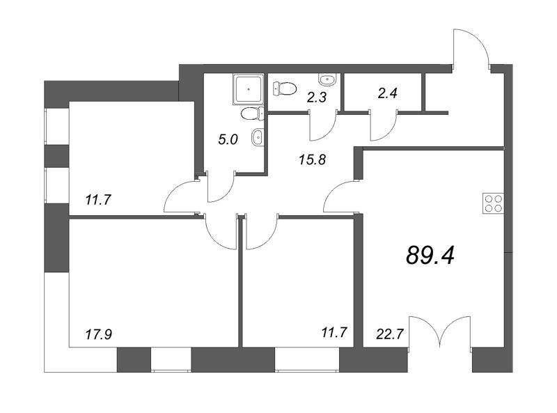 4-комнатная (Евро) квартира, 89 м² в ЖК "NewПитер 2.0" - планировка, фото №1