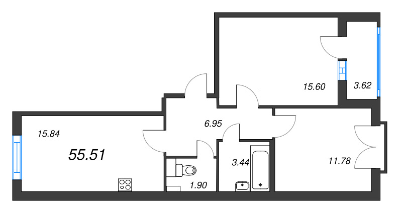 3-комнатная (Евро) квартира, 55.51 м² - планировка, фото №1