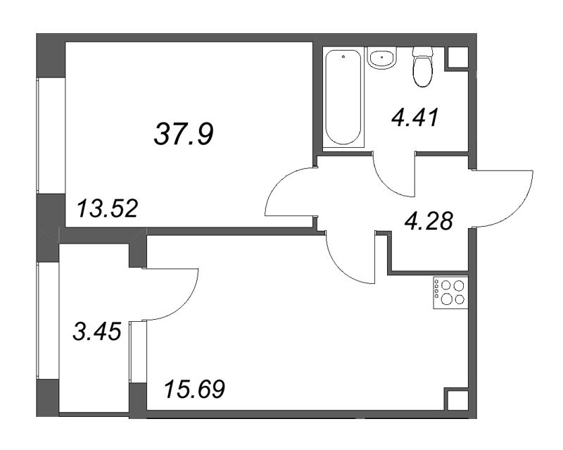 2-комнатная (Евро) квартира, 37.9 м² в ЖК "Дом на Курской" - планировка, фото №1