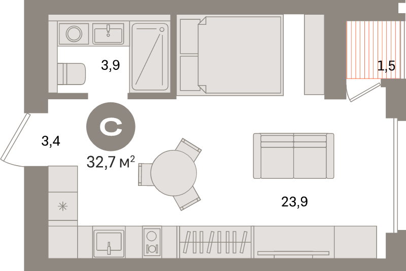 Квартира-студия, 32.2 м² в ЖК "Северный ветер" - планировка, фото №1