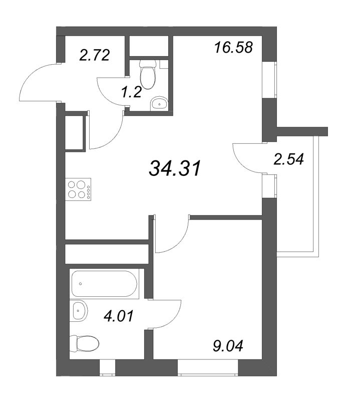 2-комнатная (Евро) квартира, 34.31 м² в ЖК "Южный форт" - планировка, фото №1
