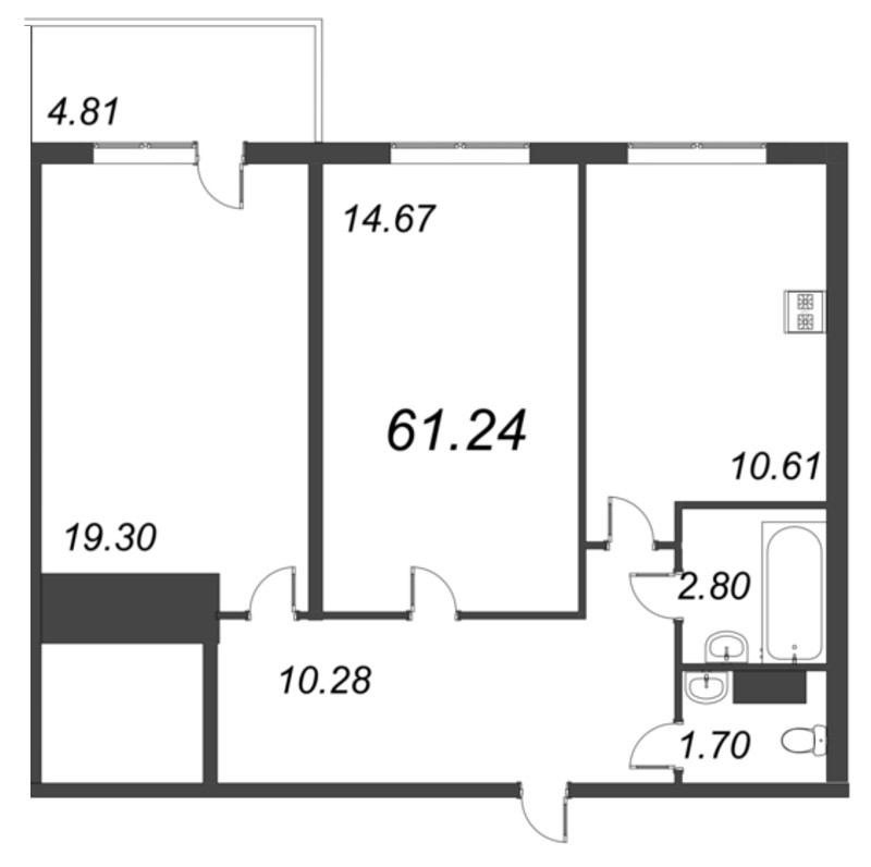 2-комнатная квартира, 61.24 м² - планировка, фото №1