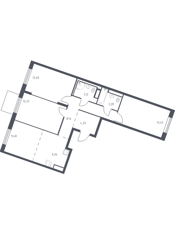 4-комнатная (Евро) квартира, 76.04 м² - планировка, фото №1