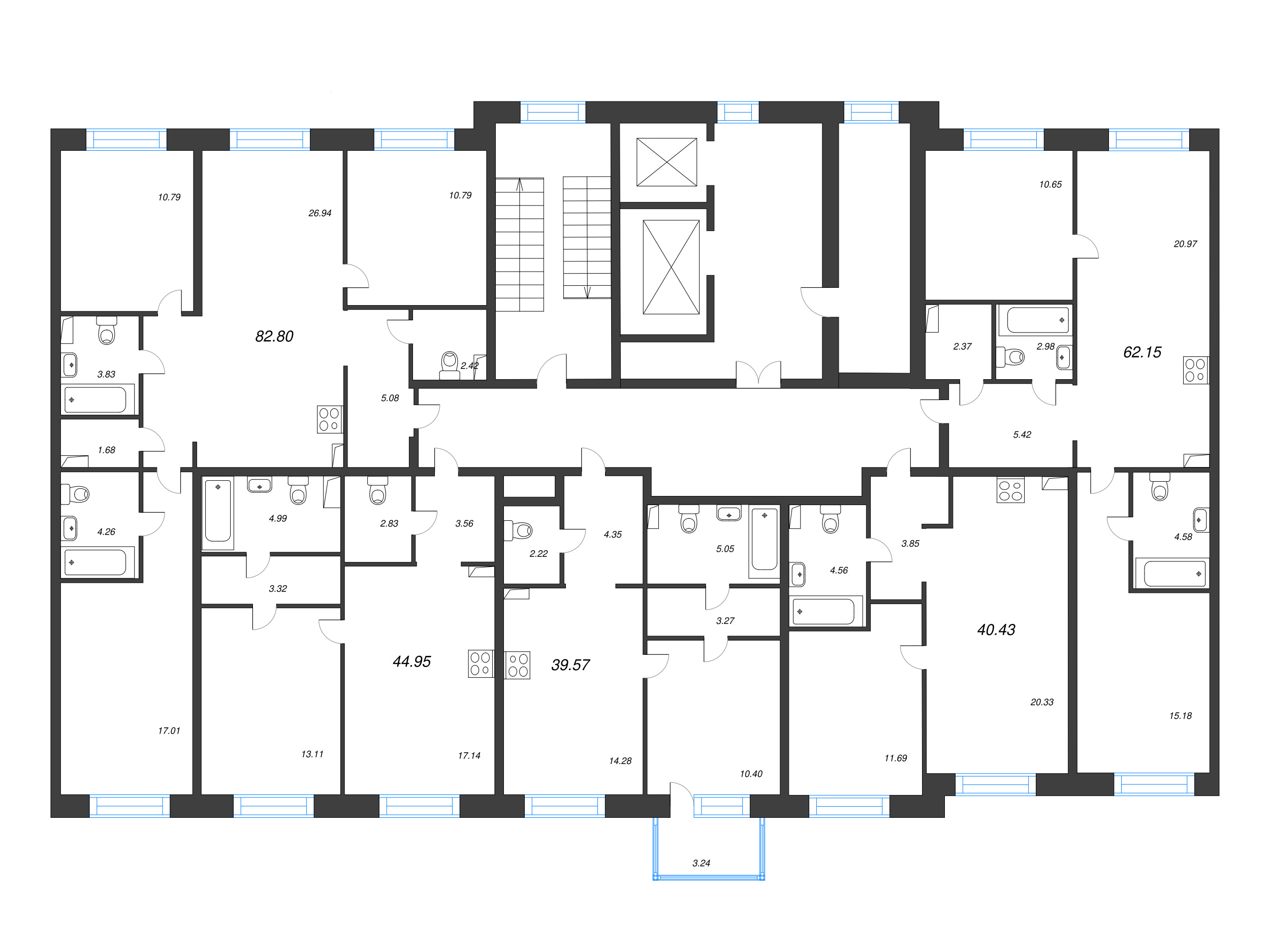 2-комнатная (Евро) квартира, 44.95 м² в ЖК "Остров Первых" - планировка этажа