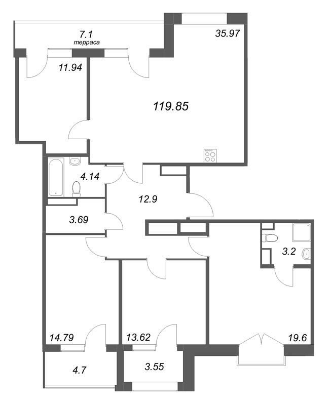 5-комнатная (Евро) квартира, 119.85 м² в ЖК "Дом на Курской" - планировка, фото №1