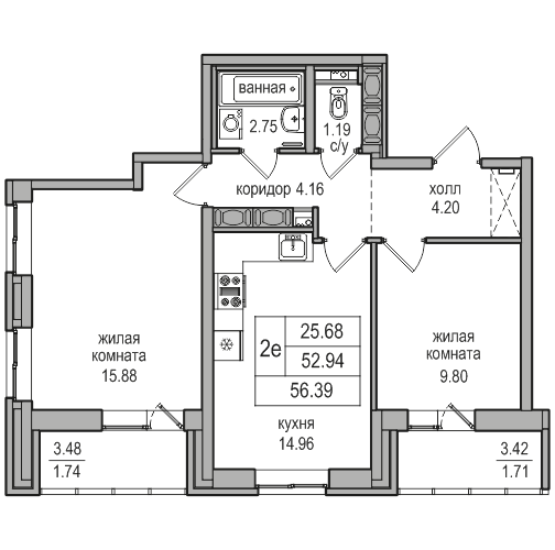 3-комнатная (Евро) квартира, 55.9 м² в ЖК "Северная Долина" - планировка, фото №1