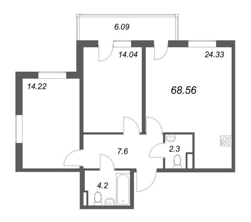 3-комнатная (Евро) квартира, 68.56 м² в ЖК "Новая история" - планировка, фото №1