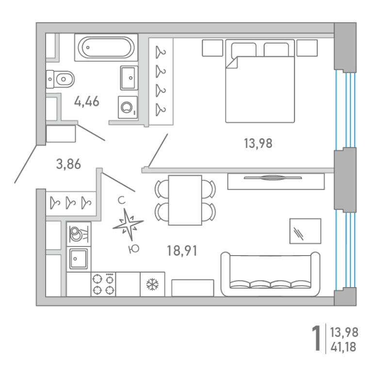 2-комнатная (Евро) квартира, 41.18 м² - планировка, фото №1