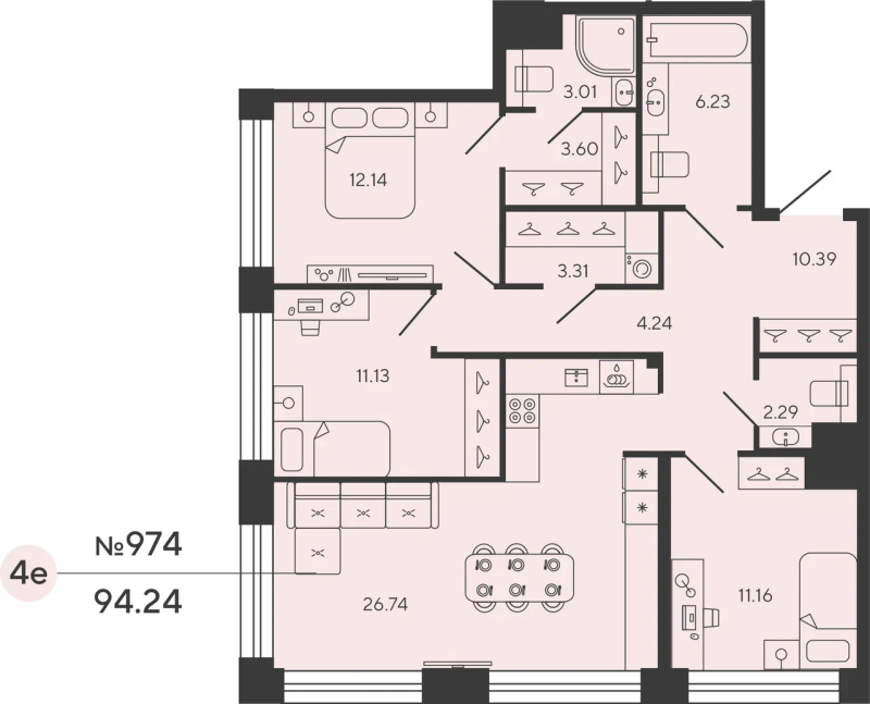 4-комнатная (Евро) квартира, 94.24 м² - планировка, фото №1