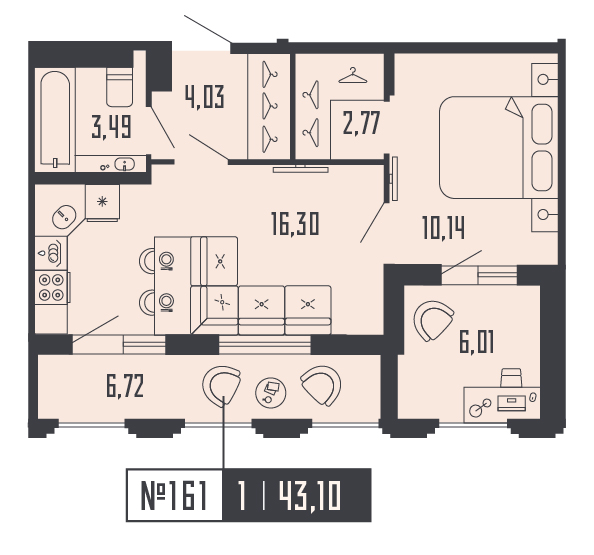 2-комнатная (Евро) квартира, 43.1 м² - планировка, фото №1