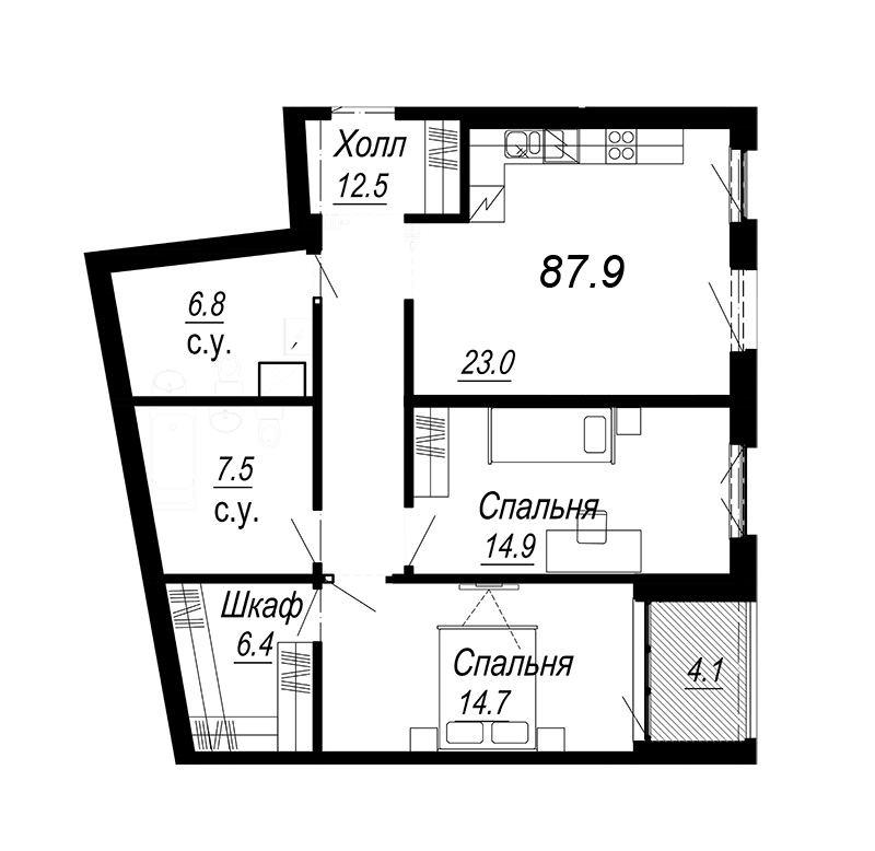 2-комнатная квартира, 90 м² - планировка, фото №1