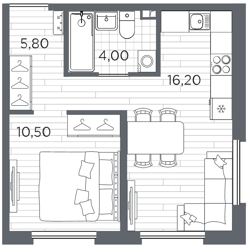 2-комнатная (Евро) квартира, 36.5 м² в ЖК "PLUS Пулковский" - планировка, фото №1