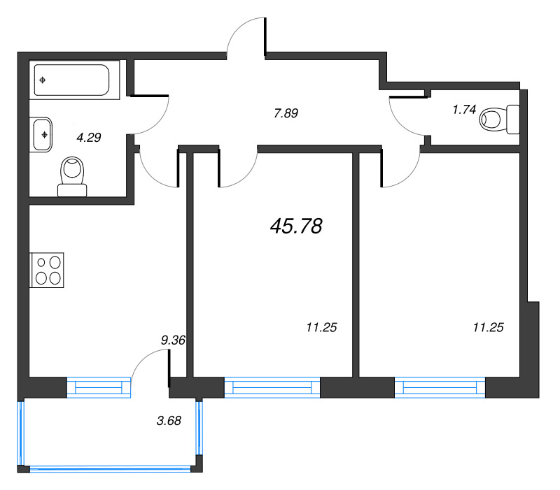 2-комнатная квартира, 45.78 м² - планировка, фото №1