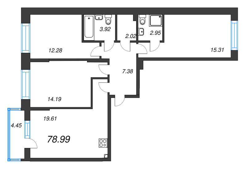 4-комнатная (Евро) квартира, 78.99 м² в ЖК "Охтинские высоты" - планировка, фото №1