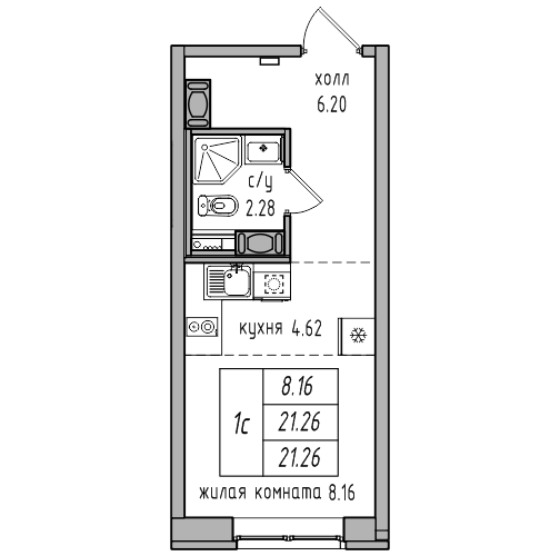 Квартира-студия, 21 м² в ЖК "Северная Долина" - планировка, фото №1
